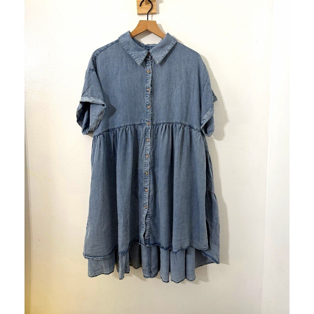 Talulah Womens L Denim Chambray Babydoll Dress Button Front High Low Tiered Fall